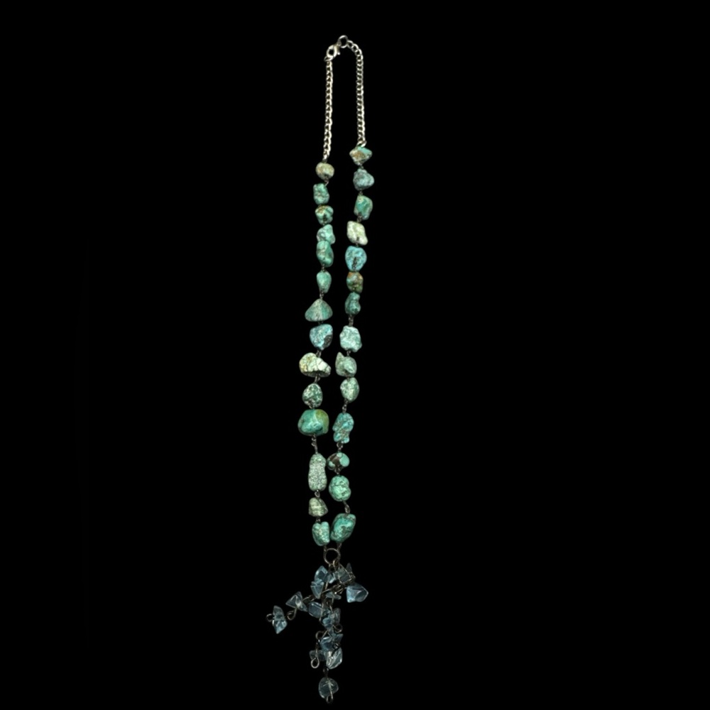 Vintage Silver Plate Chunky Southwest Turquoise Tassel Necklace 22”